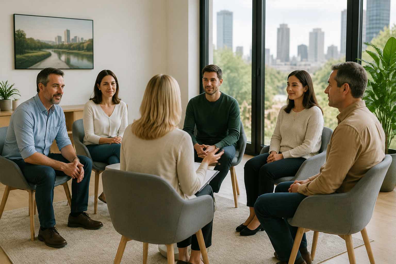 Лечение от метамфетамина группа людей сидит в кругу и участвует в спокойной групповой беседе или сеансе терапии.